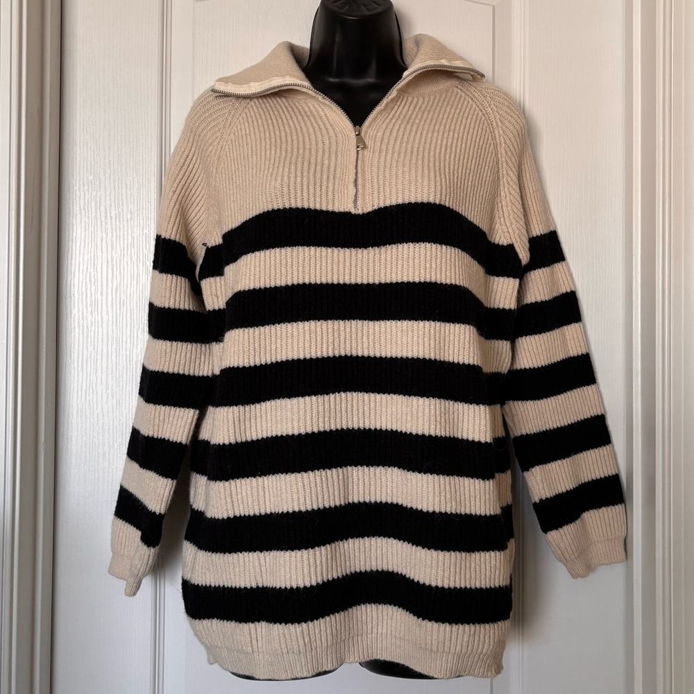 Coco + Carmen Black and Cream Striped Zipper Neck Sweater